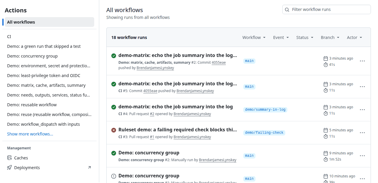 This repository's Actions tab: a list of workflows on the left, and workflow runs with their trigger, branch, duration and result on the right