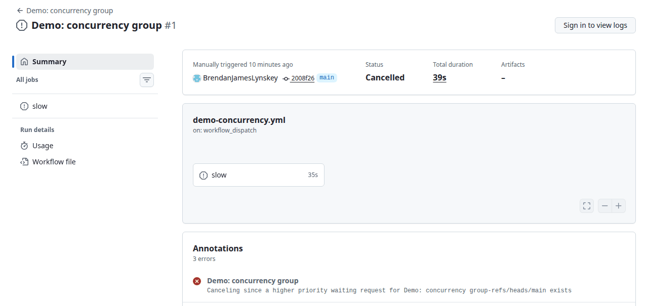 The first concurrency demo run is shown as Cancelled; its annotation reads: Canceling since a higher priority waiting request for Demo: concurrency group-refs/heads/main exists