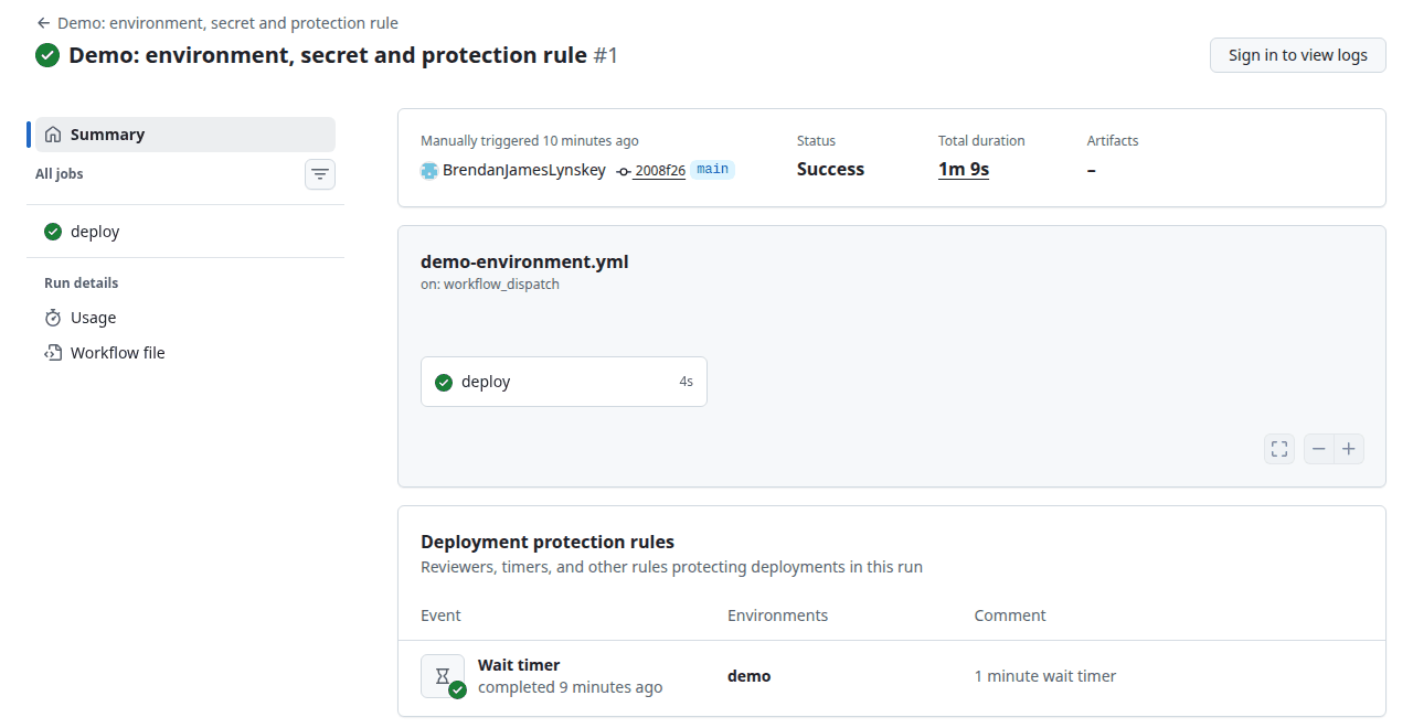 Run page of the environment demo: the deploy job succeeded, and a Deployment protection rules table shows a 1 minute wait timer on environment demo