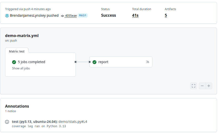 Run summary of the matrix demo: the Matrix test box shows 5 jobs completed, then the report job; one notice annotation