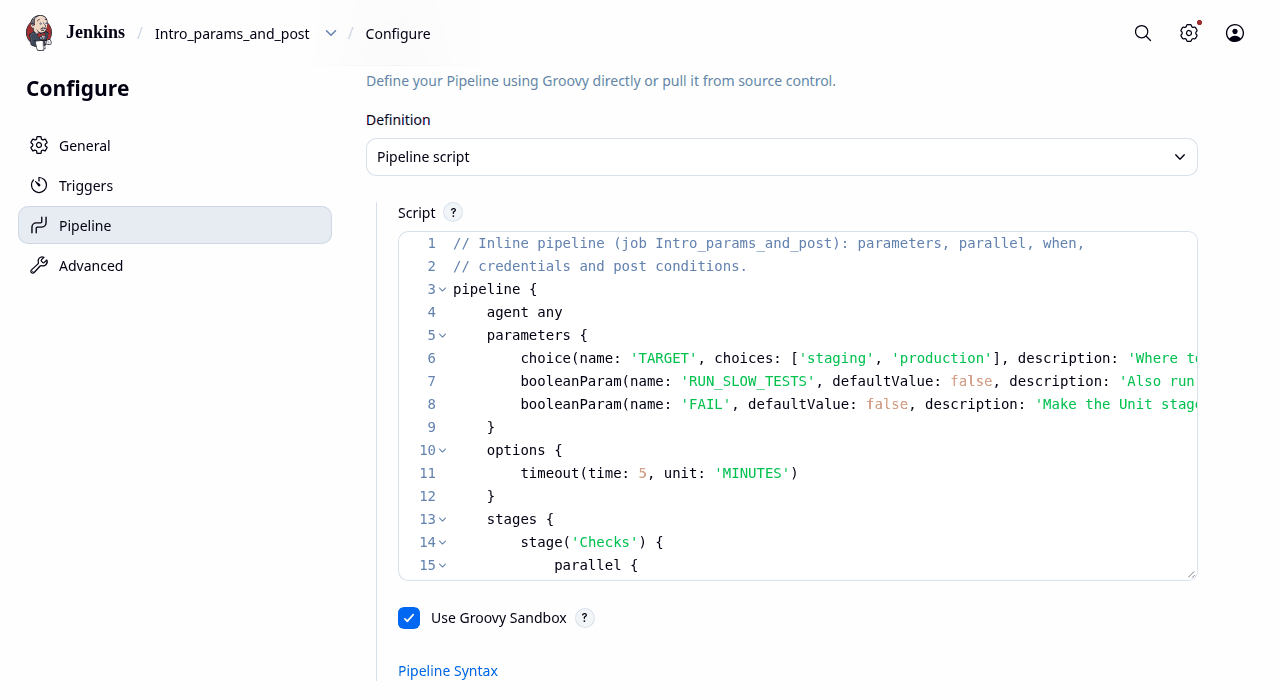 Pipeline job configure page with Definition set to Pipeline script and the Groovy script in an editor, Use Groovy Sandbox ticked