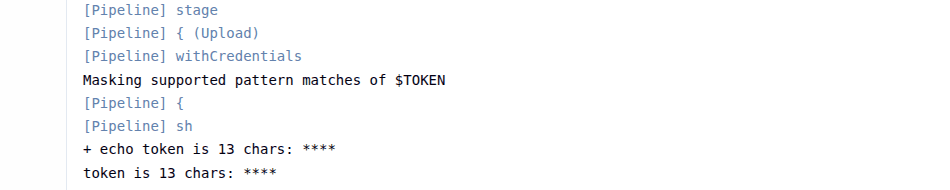 Console lines showing 'Masking supported pattern matches of $TOKEN' and 'token is 13 chars: ****'
