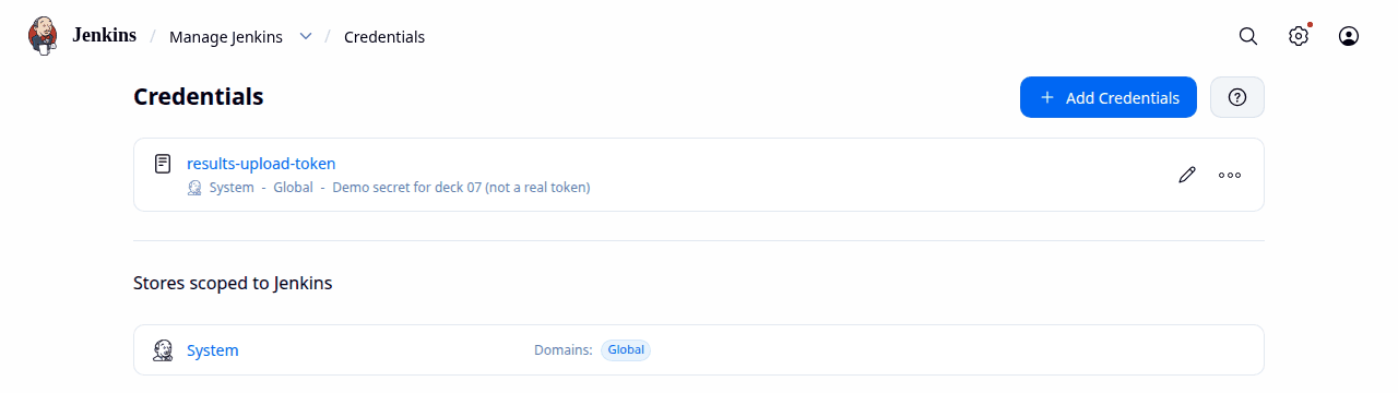 Jenkins Credentials page listing one credential, results-upload-token, in the System store, Global domain