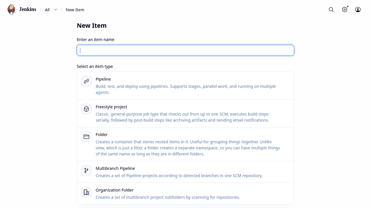 Jenkins New Item page listing Pipeline, Freestyle project, Folder, Multibranch Pipeline and Organization Folder